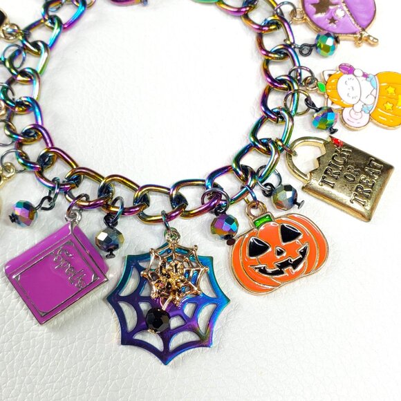 Halloween Charm Bracelet, Pumpkins, Ghost, Spider Webs, Cat - Picture 8 of 10